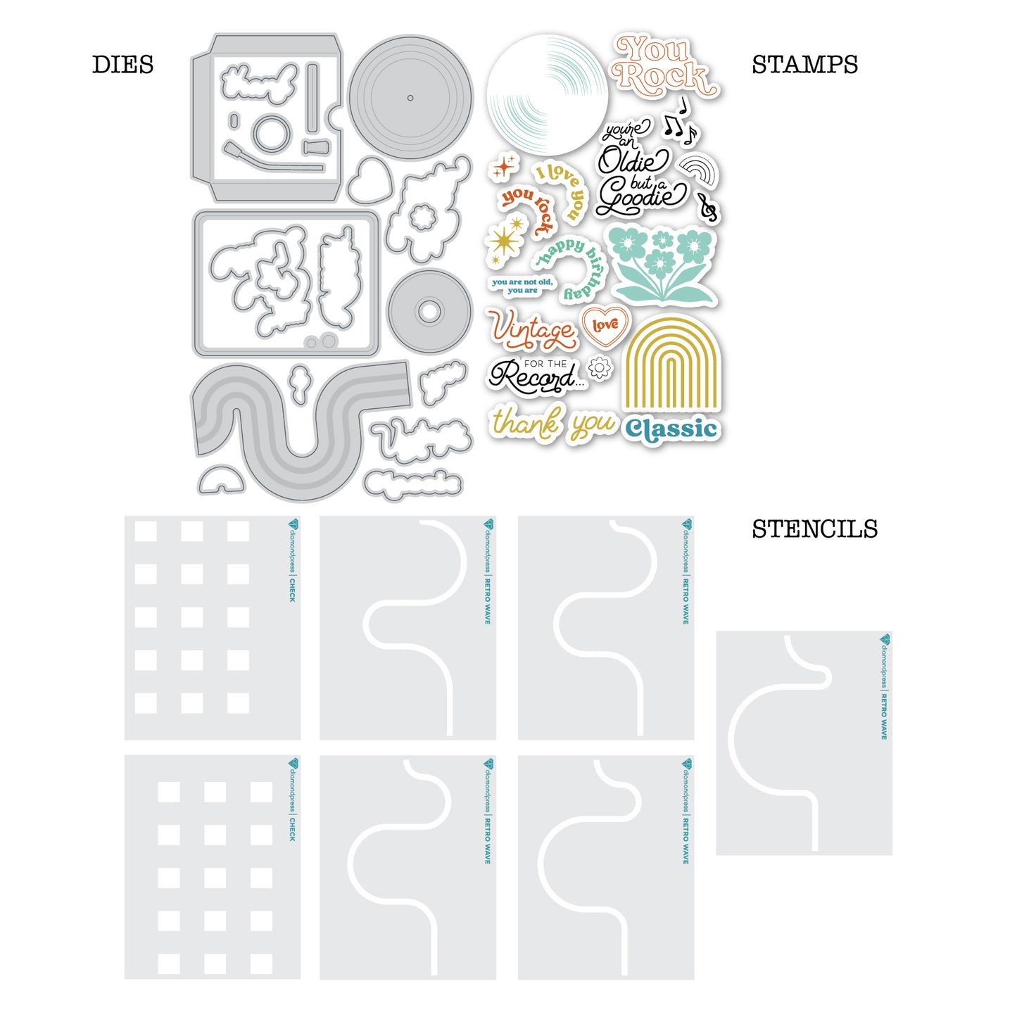 DP Retro Music Die, Stamp and Stencil Kit
