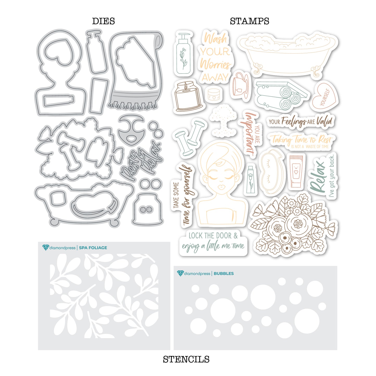 DP Self Care Die, Stamp and Stencil Kit